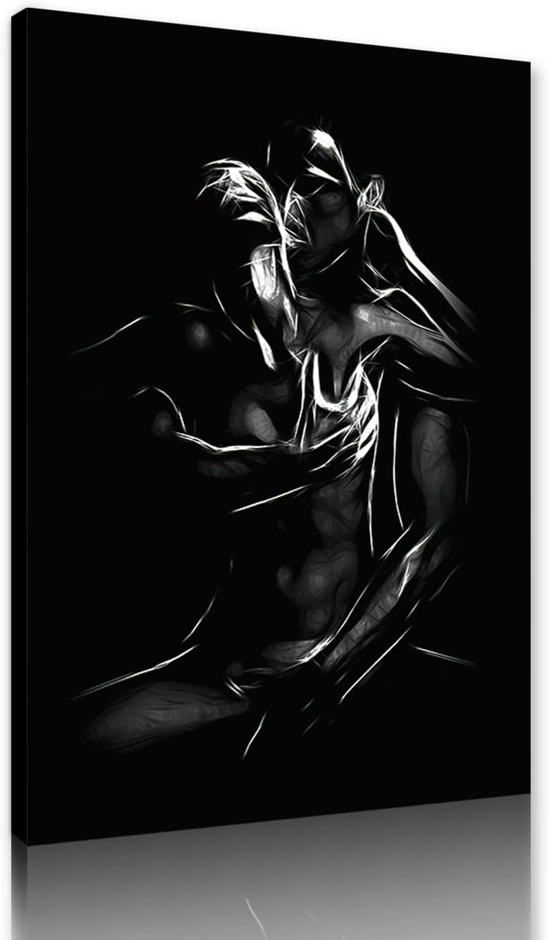 Black and White Sexy Couple Poster Painting Abstract Sexy Couple Canvas Print Nude Woman and Man Portrait Painting for Bedroom Wall Decor 24x36in