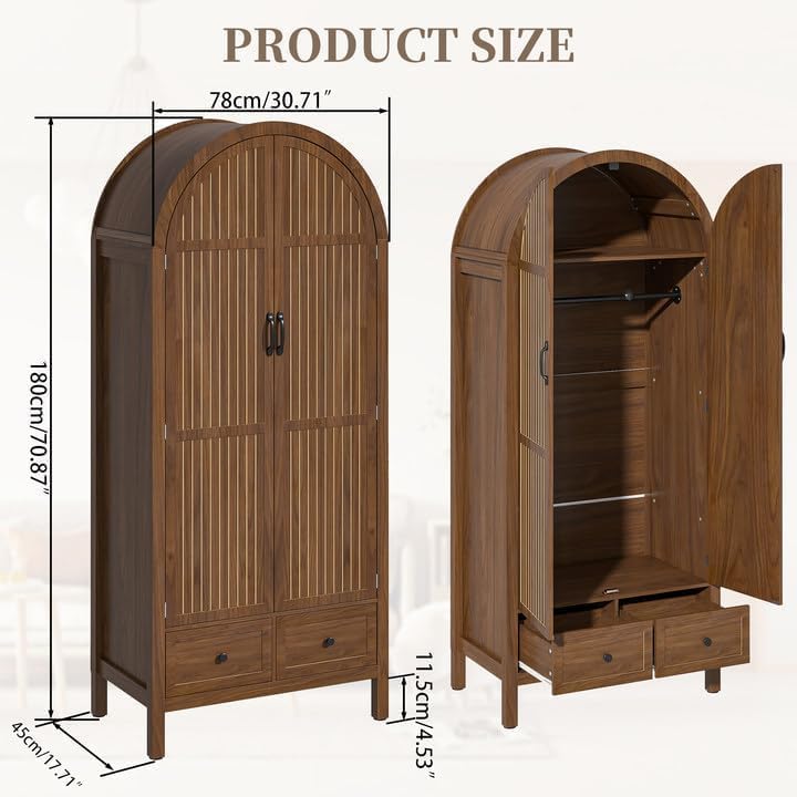 Wardrobe Closet, Modern Armoire Wardrobe Closet with Drawers and 2 Arched Fluted Doors, 70.87‘’ Tall Wooden Bedroom Armoires with Shelves and Hanging Rod (1, Walnut,17.71''D)
