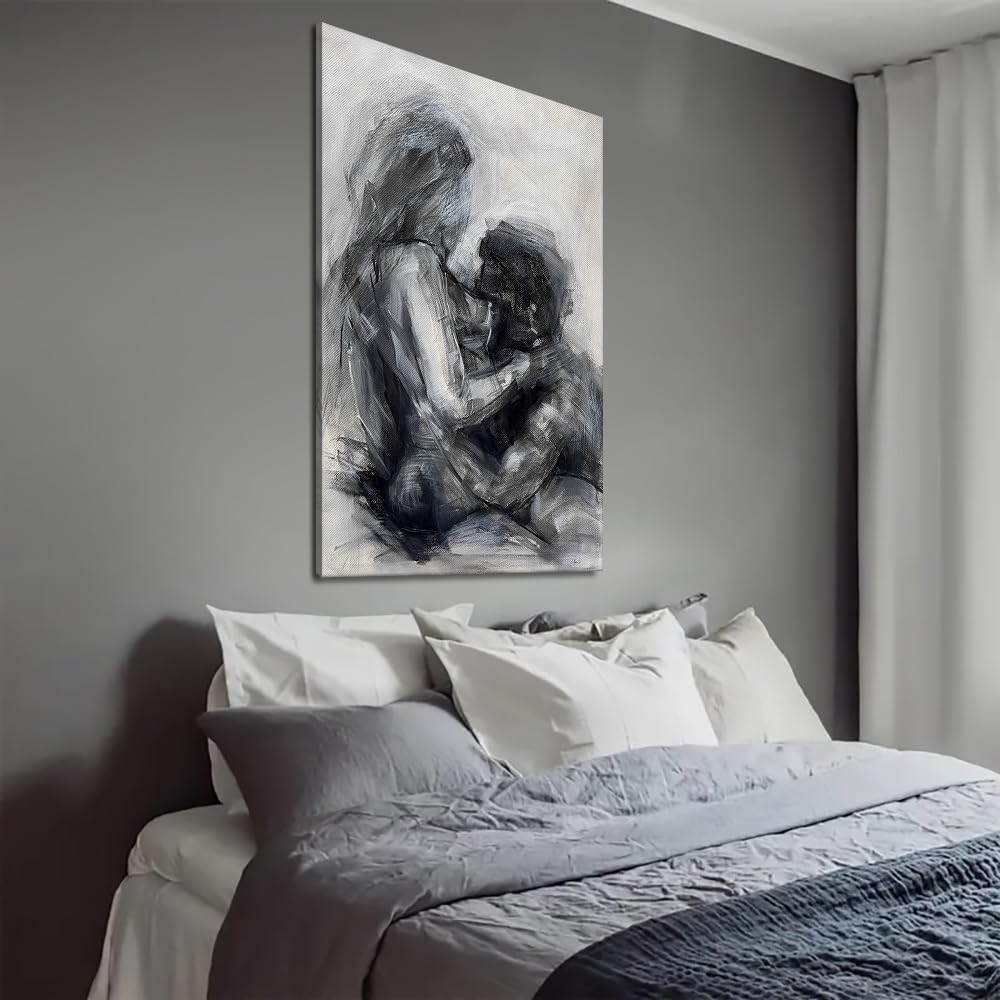Black and White Sexy Couple Poster Painting Abstract Sexy Couple Canvas Print Nude Woman and Man Portrait Painting for Bedroom Wall Decor 24x36in