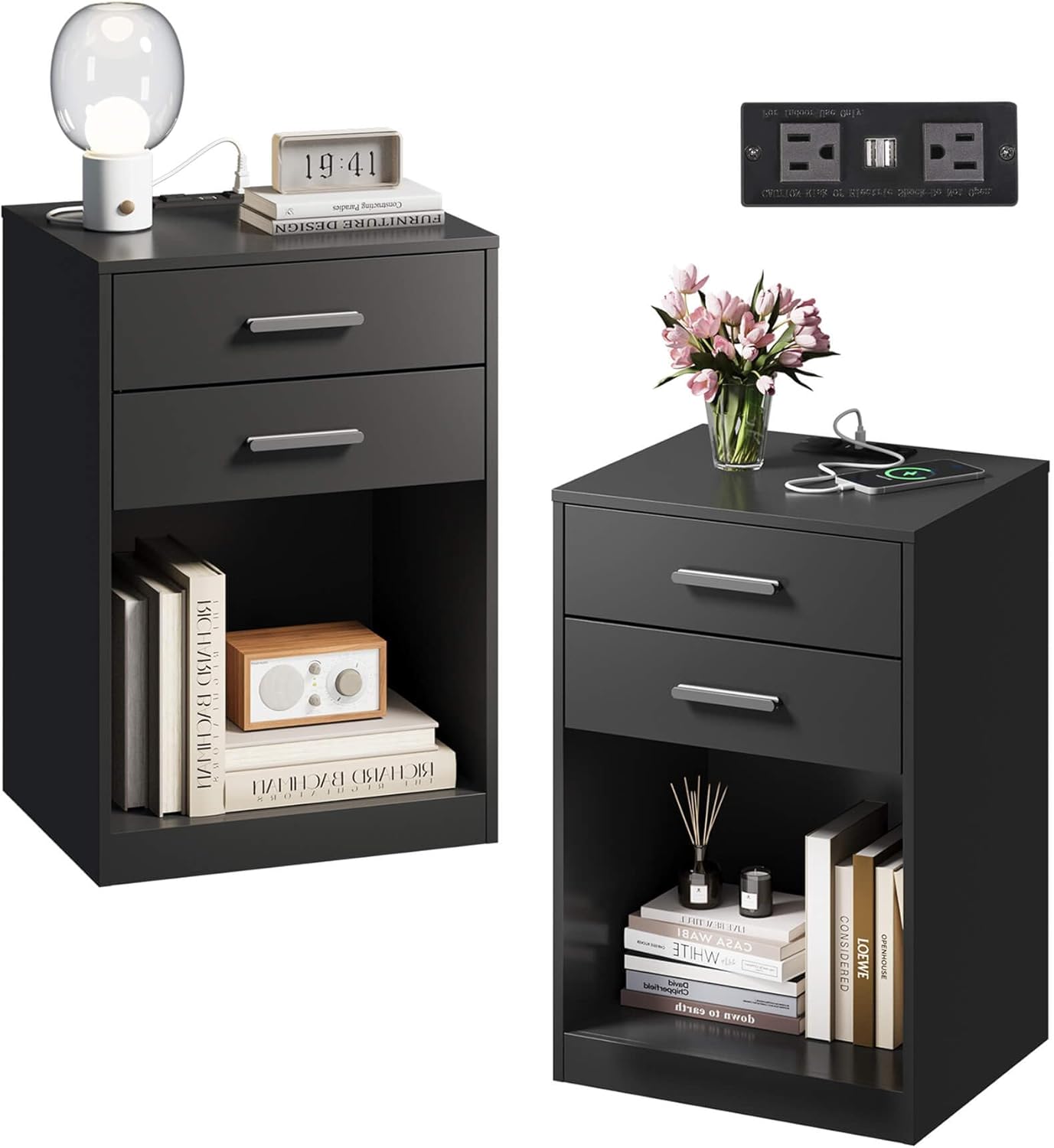 WLIVE Night Stand Set of 2 with Charging Station, Nightstands with Wood Drawers and Open Shelf, Bed Side Tables Living Room, Bedroom, Modern End Table Set 2, White