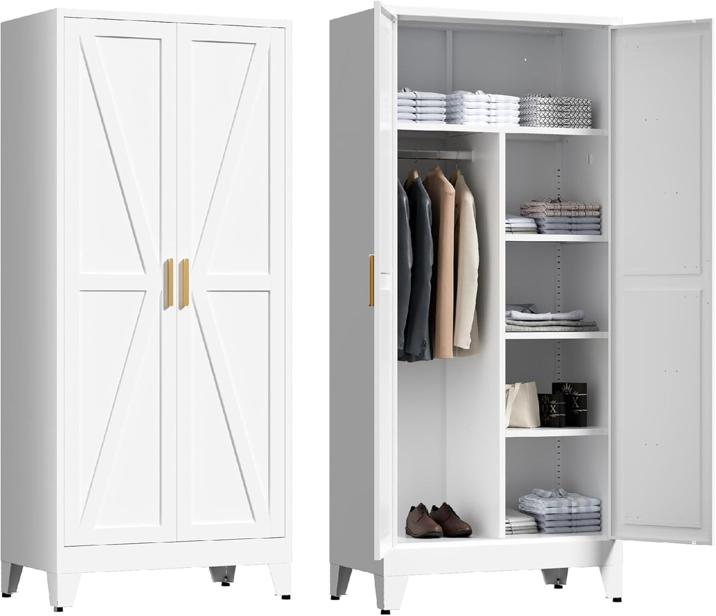 71'' Farmhouse Metal Wardrobe Cabinet with Hanging Rod, 2 Barn Door Wardrobe Closet with Adjustable Shelves,2 Drawer,for Dining Room,Bedroom,Living Room, Cloak Room,Office (Black)