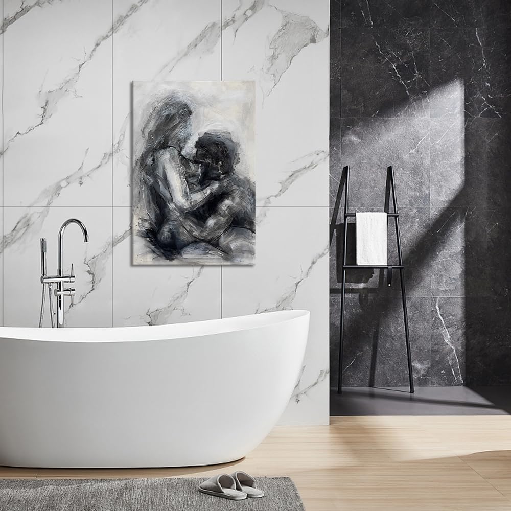 Black and White Sexy Couple Poster Painting Abstract Sexy Couple Canvas Print Nude Woman and Man Portrait Painting for Bedroom Wall Decor 24x36in