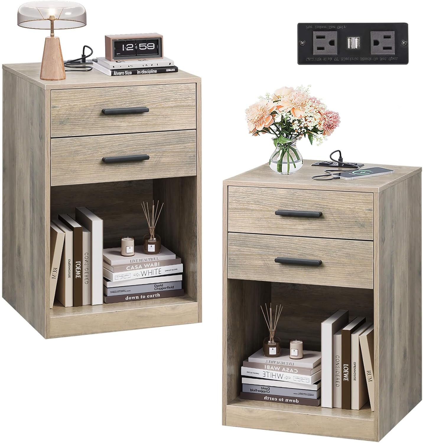 WLIVE Night Stand Set of 2 with Charging Station, Nightstands with Wood Drawers and Open Shelf, Bed Side Tables Living Room, Bedroom, Modern End Table Set 2, White