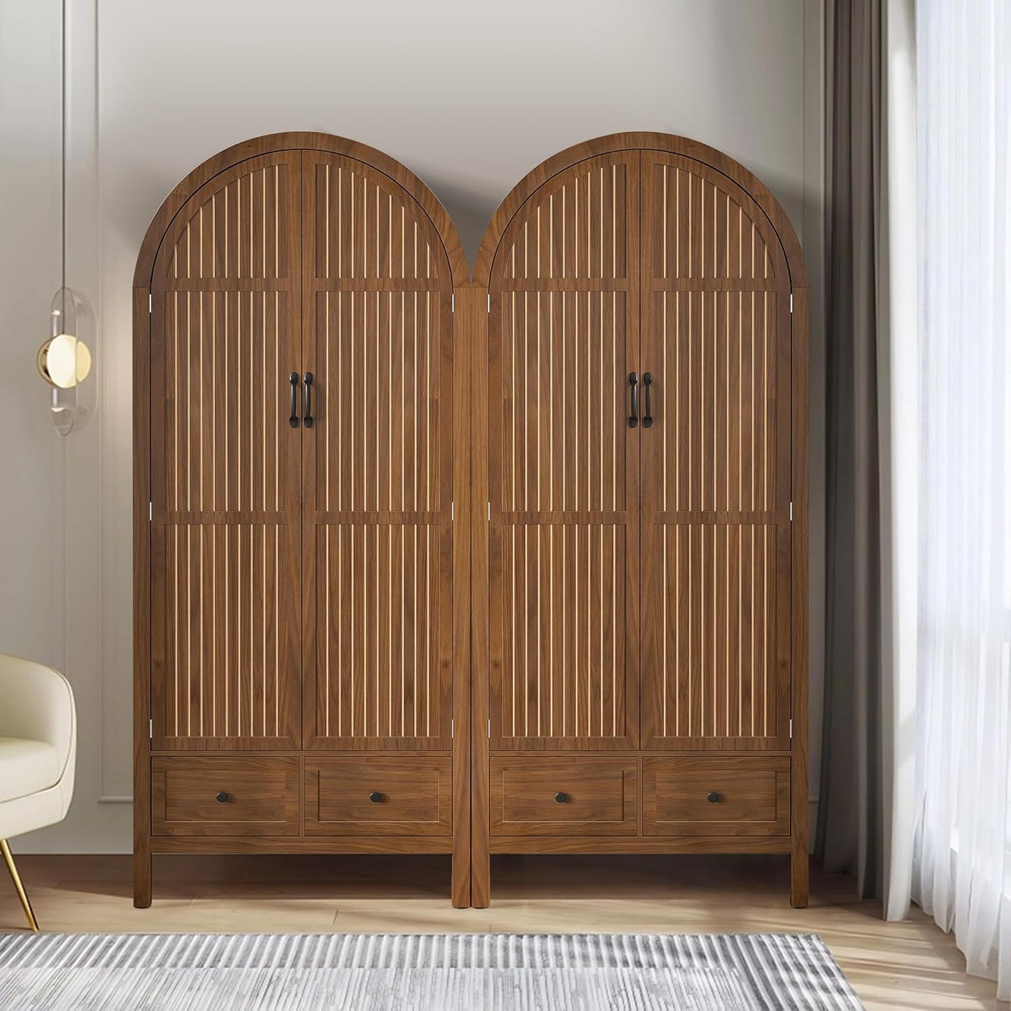 Wardrobe Closet, Modern Armoire Wardrobe Closet with Drawers and 2 Arched Fluted Doors, 70.87‘’ Tall Wooden Bedroom Armoires with Shelves and Hanging Rod (1, Walnut,17.71''D)