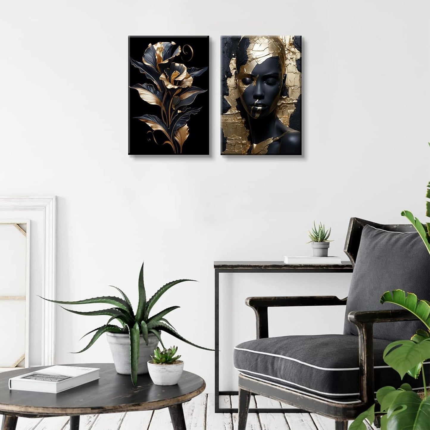 2 Pieces Black Gold African American Women Wall Art African American Wall Decor Gorgeous Woman Portrait Gold Flowers Painting Picture Prints for Bedroom Living Room Hallway Ready to Hang 12x16 Inch