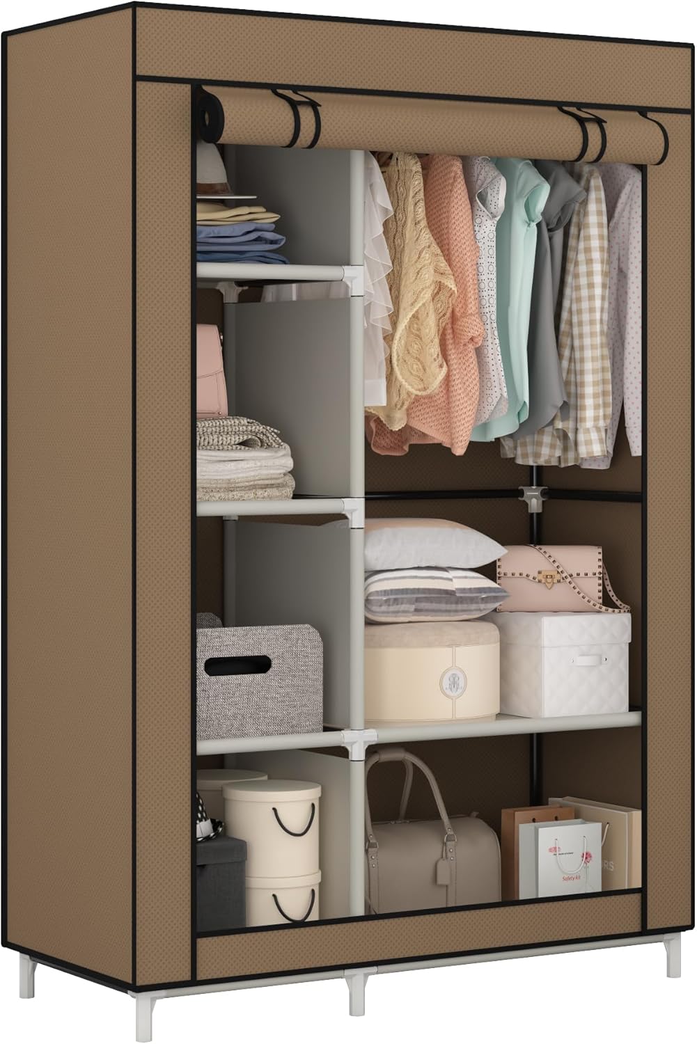 Calmootey Portable Closet Organizers, Clothing Storage, Wardrobe with 6 Shelves and Hanging Rod, Non-Woven Fabric Cover with 4 Side Pockets, Black