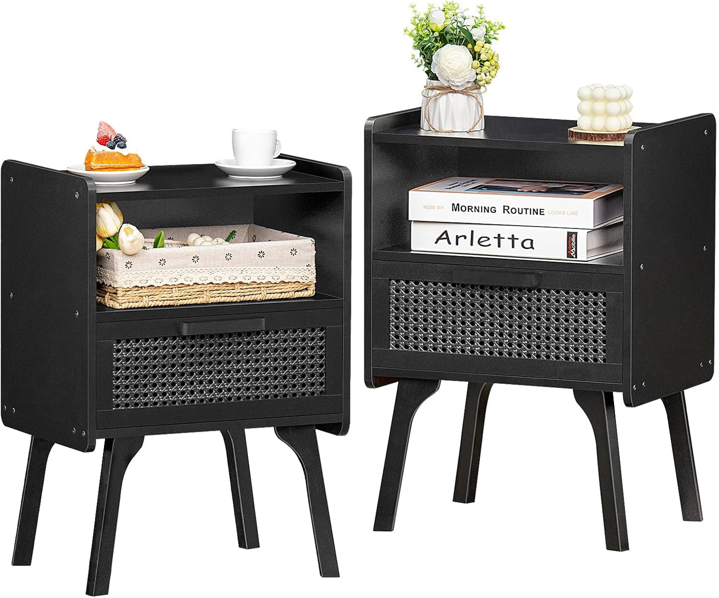 Lerliuo Rattan Nightstand, Boho Side Table with Drawer Open Shelf, Cane Accent Bedside End Table with Solid Wood Legs for Bedroom, Dorm and Small Spaces (Natural)