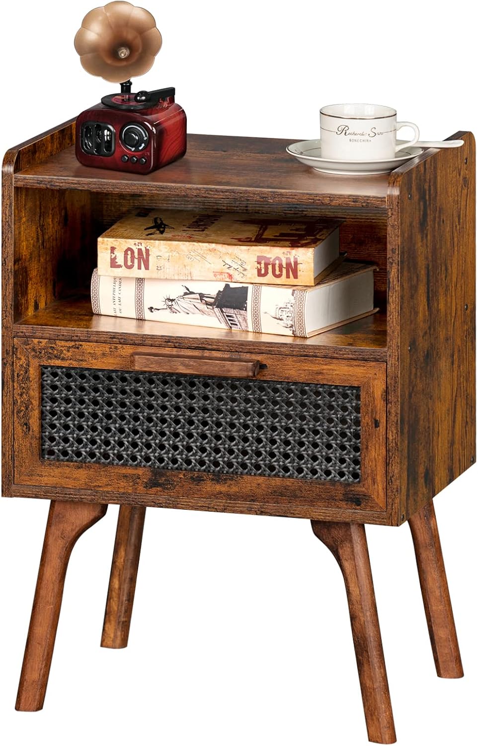 Lerliuo Rattan Nightstand, Boho Side Table with Drawer Open Shelf, Cane Accent Bedside End Table with Solid Wood Legs for Bedroom, Dorm and Small Spaces (Natural)