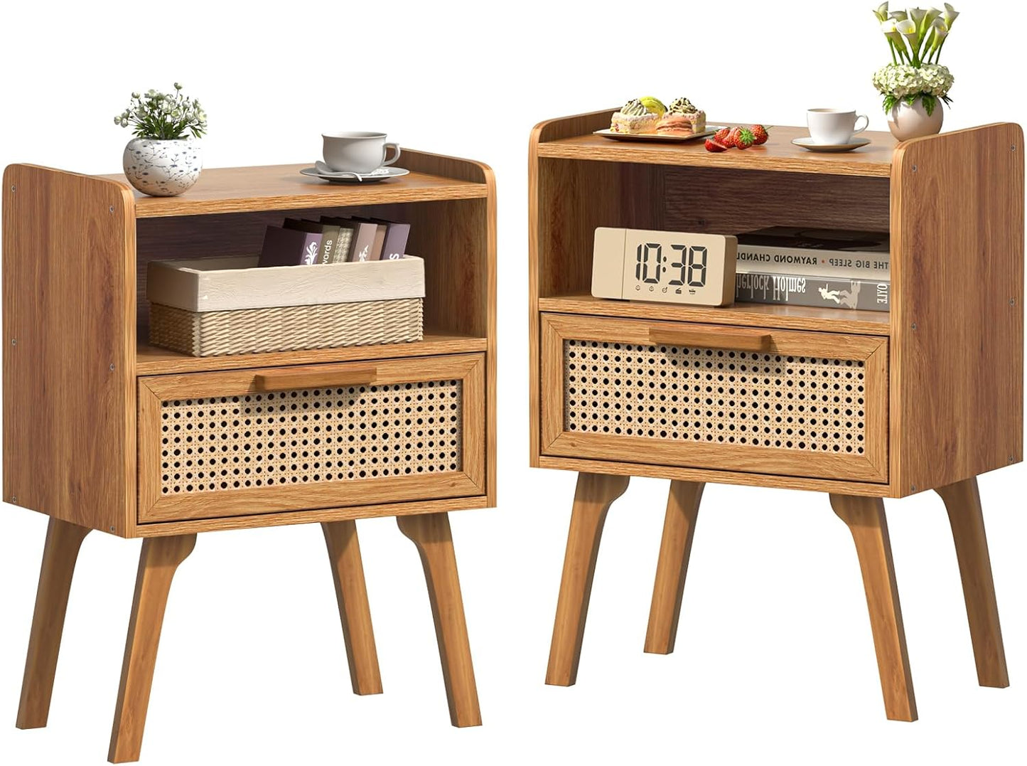 Lerliuo Rattan Nightstand, Boho Side Table with Drawer Open Shelf, Cane Accent Bedside End Table with Solid Wood Legs for Bedroom, Dorm and Small Spaces (Natural)