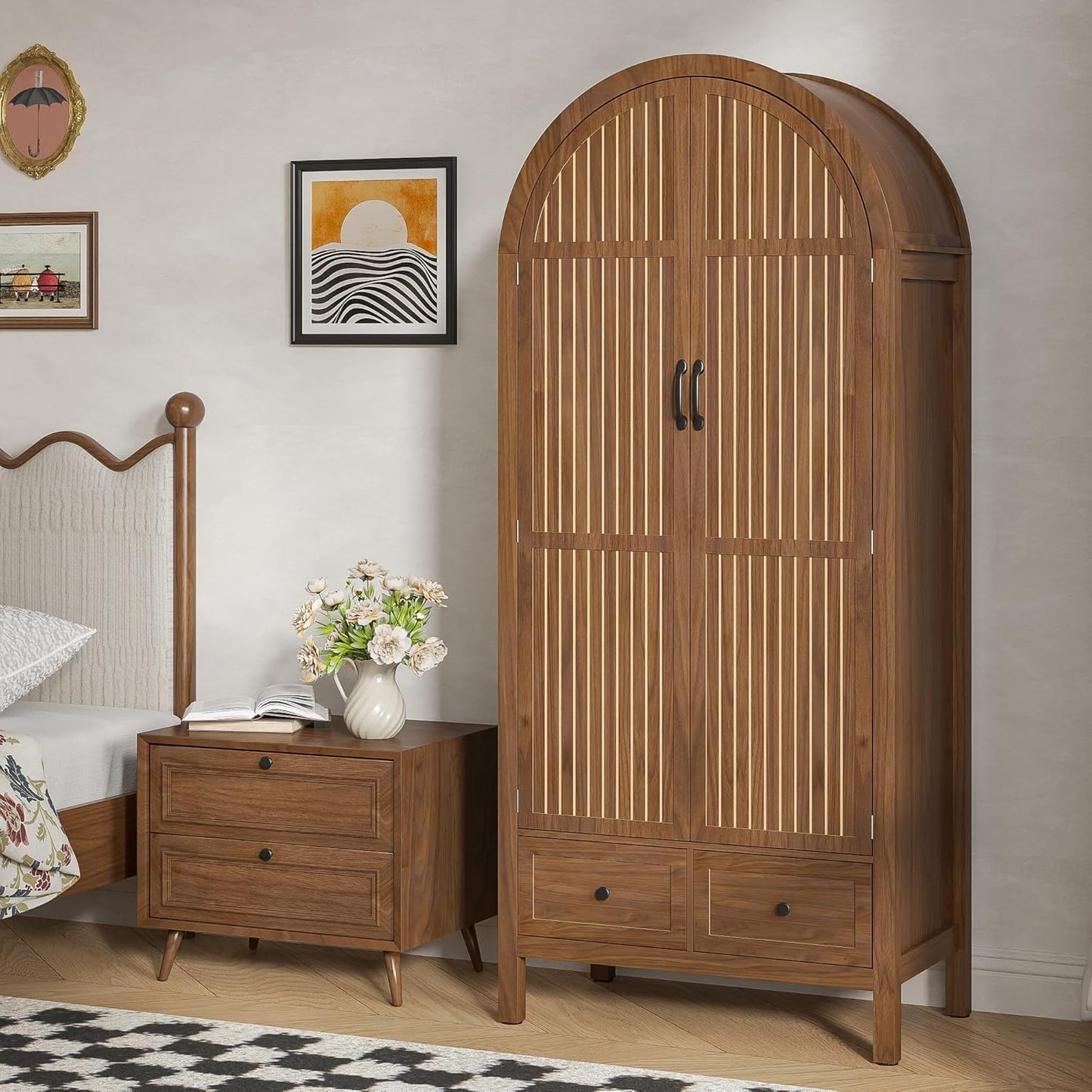 Wardrobe Closet, Modern Armoire Wardrobe Closet with Drawers and 2 Arched Fluted Doors, 70.87‘’ Tall Wooden Bedroom Armoires with Shelves and Hanging Rod (1, Walnut,17.71''D)