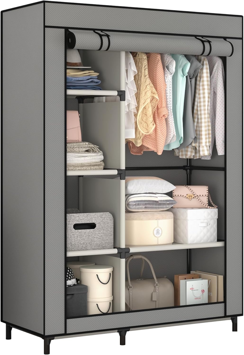 Calmootey Portable Closet Organizers, Clothing Storage, Wardrobe with 6 Shelves and Hanging Rod, Non-Woven Fabric Cover with 4 Side Pockets, Black