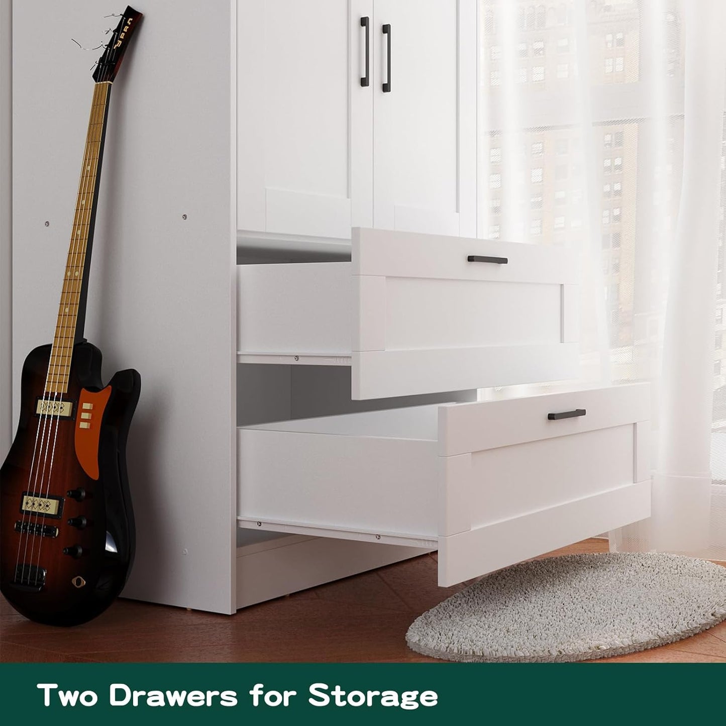 Wood White Wardrobe Closet with 2 Doors and 2 Drawers,Bedroom Freestanding Armoire Storage Cabinet with Shelves,Wooden Wardrobe Combination for Hanging Clothes (White 2 Drawers)