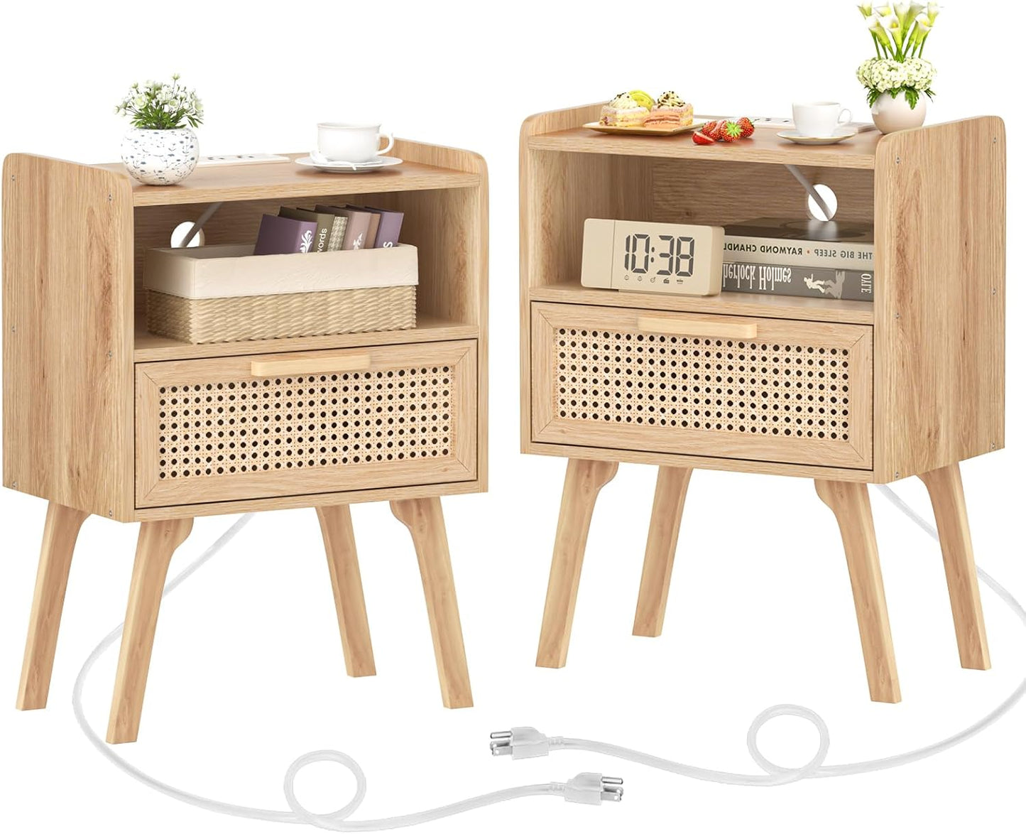 Lerliuo Rattan Nightstand, Boho Side Table with Drawer Open Shelf, Cane Accent Bedside End Table with Solid Wood Legs for Bedroom, Dorm and Small Spaces (Natural)