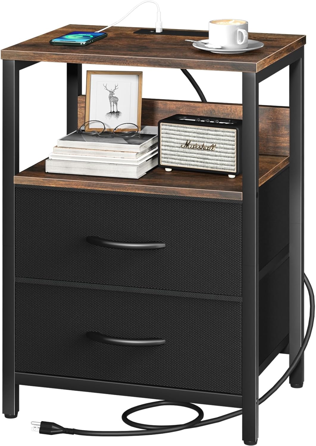 Yoobure Nightstand with Charging Station, Small Night Stand with Fabric Drawers and Storage Shelf for Bedrooms, Small Spaces, Bedside Table with USB Ports & Outlets