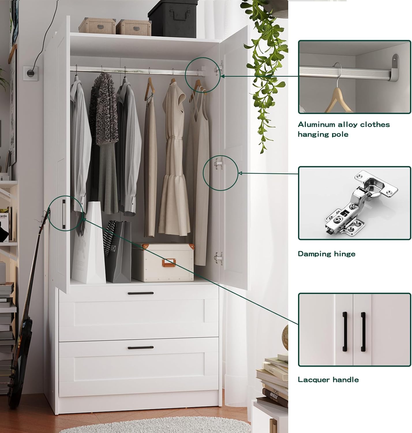 Wood White Wardrobe Closet with 2 Doors and 2 Drawers,Bedroom Freestanding Armoire Storage Cabinet with Shelves,Wooden Wardrobe Combination for Hanging Clothes (White 2 Drawers)
