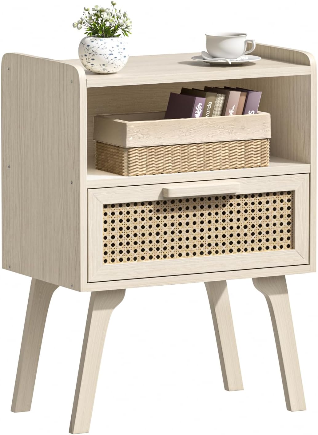 Lerliuo Rattan Nightstand, Boho Side Table with Drawer Open Shelf, Cane Accent Bedside End Table with Solid Wood Legs for Bedroom, Dorm and Small Spaces (Natural)