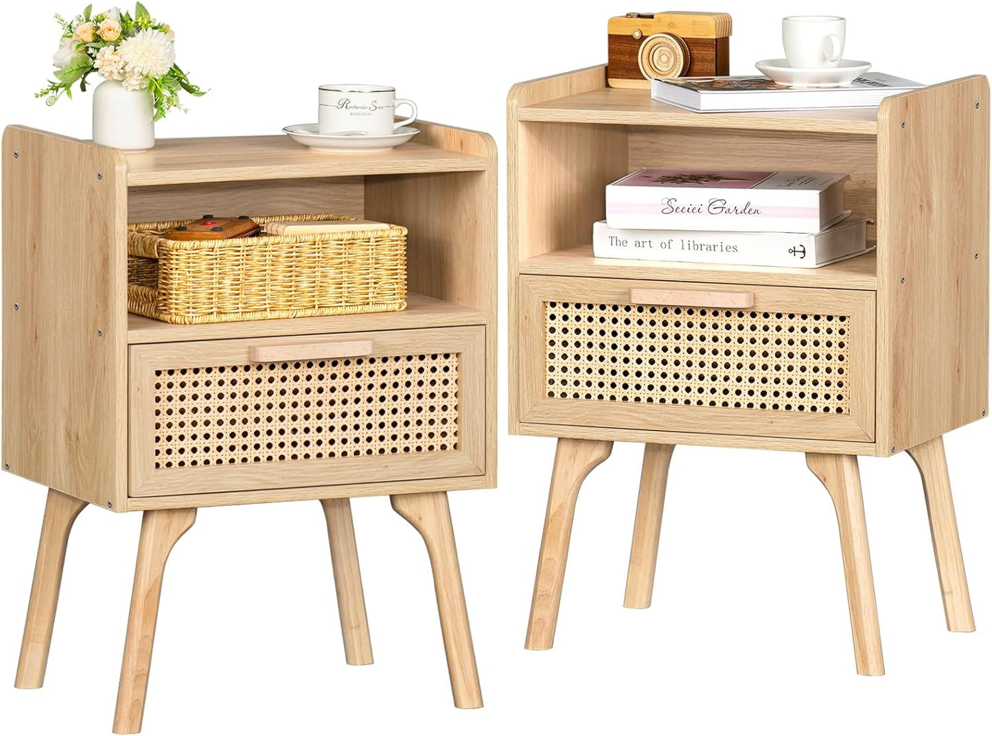 Lerliuo Rattan Nightstand, Boho Side Table with Drawer Open Shelf, Cane Accent Bedside End Table with Solid Wood Legs for Bedroom, Dorm and Small Spaces (Natural)