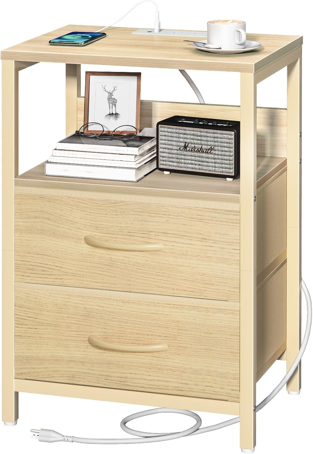 Yoobure Nightstand with Charging Station, Small Night Stand with Fabric Drawers and Storage Shelf for Bedrooms, Small Spaces, Bedside Table with USB Ports & Outlets