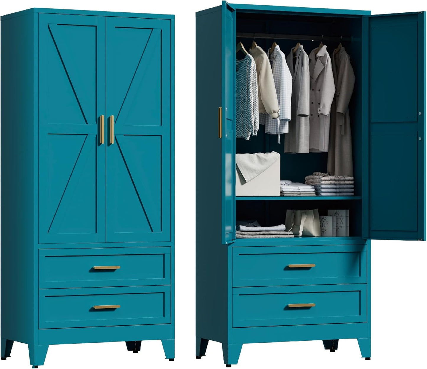 71'' Farmhouse Metal Wardrobe Cabinet with Hanging Rod, 2 Barn Door Wardrobe Closet with Adjustable Shelves,2 Drawer,for Dining Room,Bedroom,Living Room, Cloak Room,Office (Black)