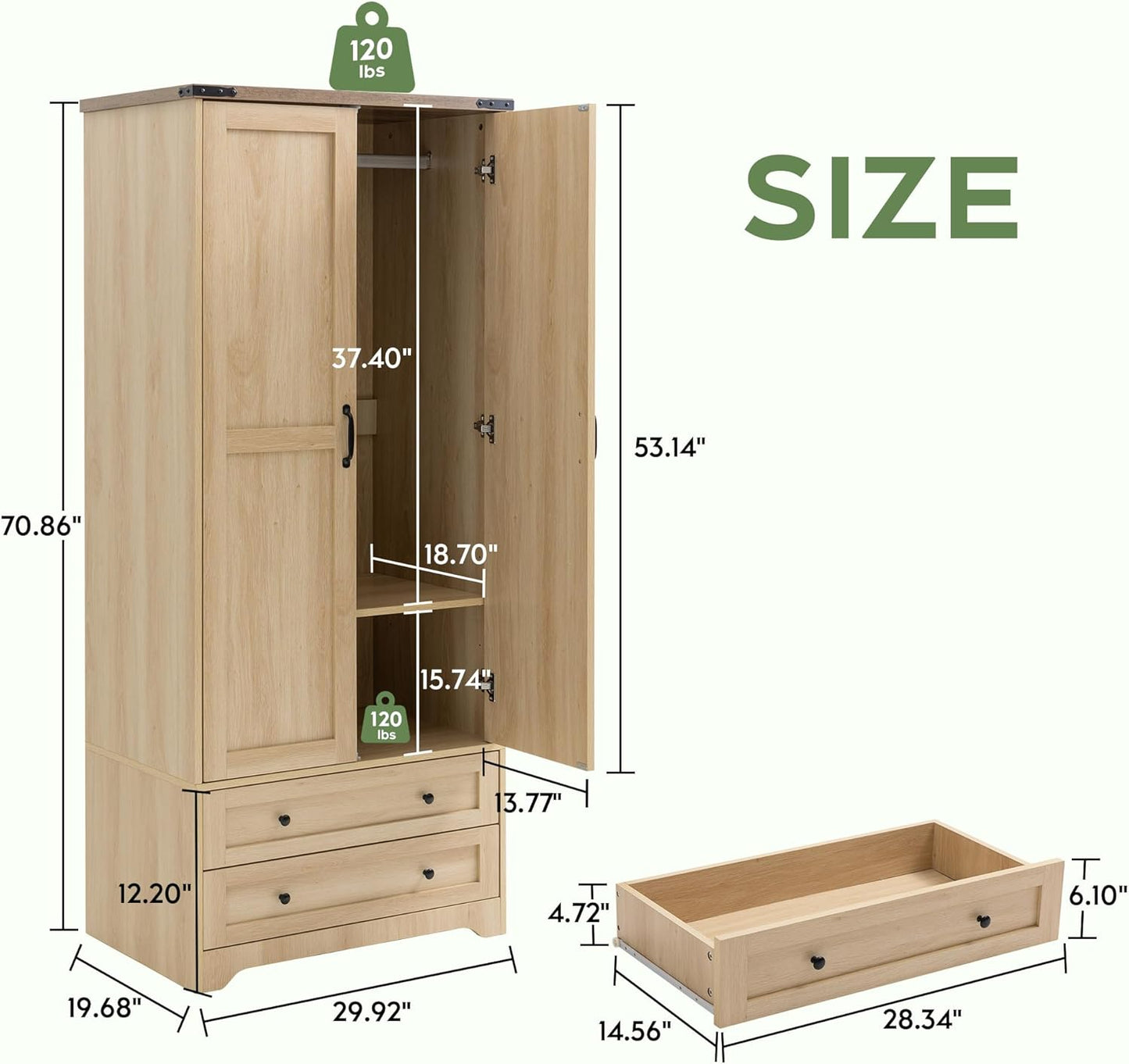Yechen 71" Wooden Armoire Wardrobe Closet - Modern Functional Clothes Tall Storage Cabinet with Adjustable Shelf and Hanging Rail, Sturdy Freestanding Closet Wardrobe with 2 Wide Drawers (Natural)