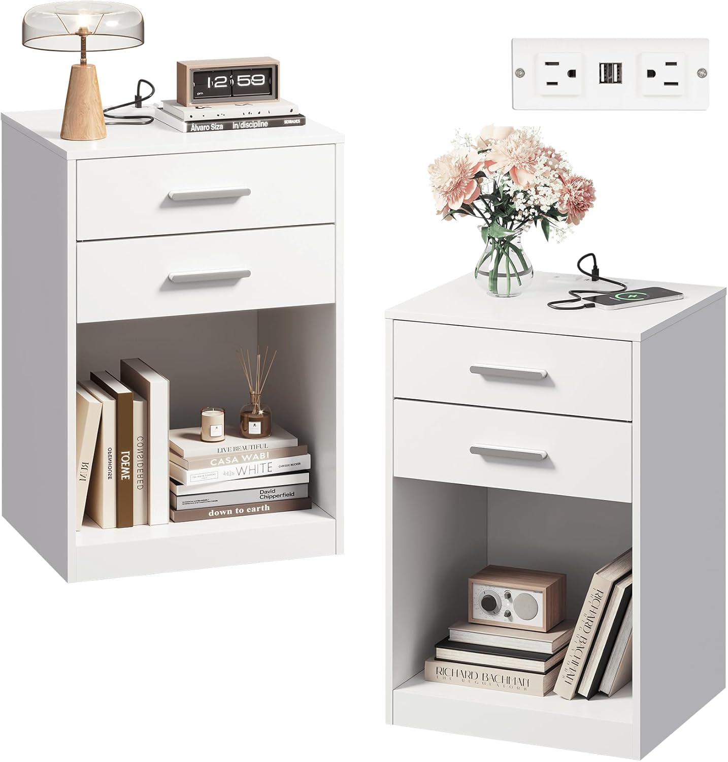 WLIVE Night Stand Set of 2 with Charging Station, Nightstands with Wood Drawers and Open Shelf, Bed Side Tables Living Room, Bedroom, Modern End Table Set 2, White