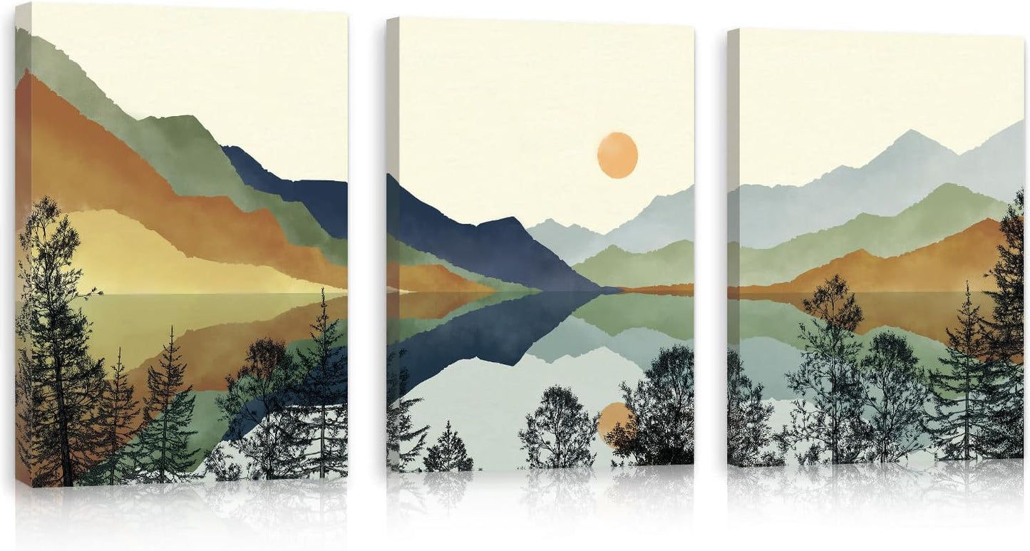 CHDITB Woodland Bear Moose Wild Animals Framed Wall Art(40"x20"), Retro Forest Mountain Sun Wildlife Artwork Painting, Adventure Hunting Themed Nature Landscape Posters Print for Nursery Baby Boy Room Bedroom