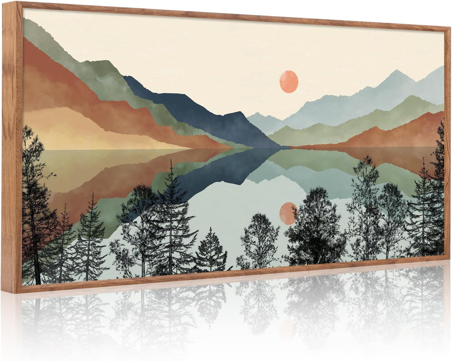 CHDITB Woodland Bear Moose Wild Animals Framed Wall Art(40"x20"), Retro Forest Mountain Sun Wildlife Artwork Painting, Adventure Hunting Themed Nature Landscape Posters Print for Nursery Baby Boy Room Bedroom