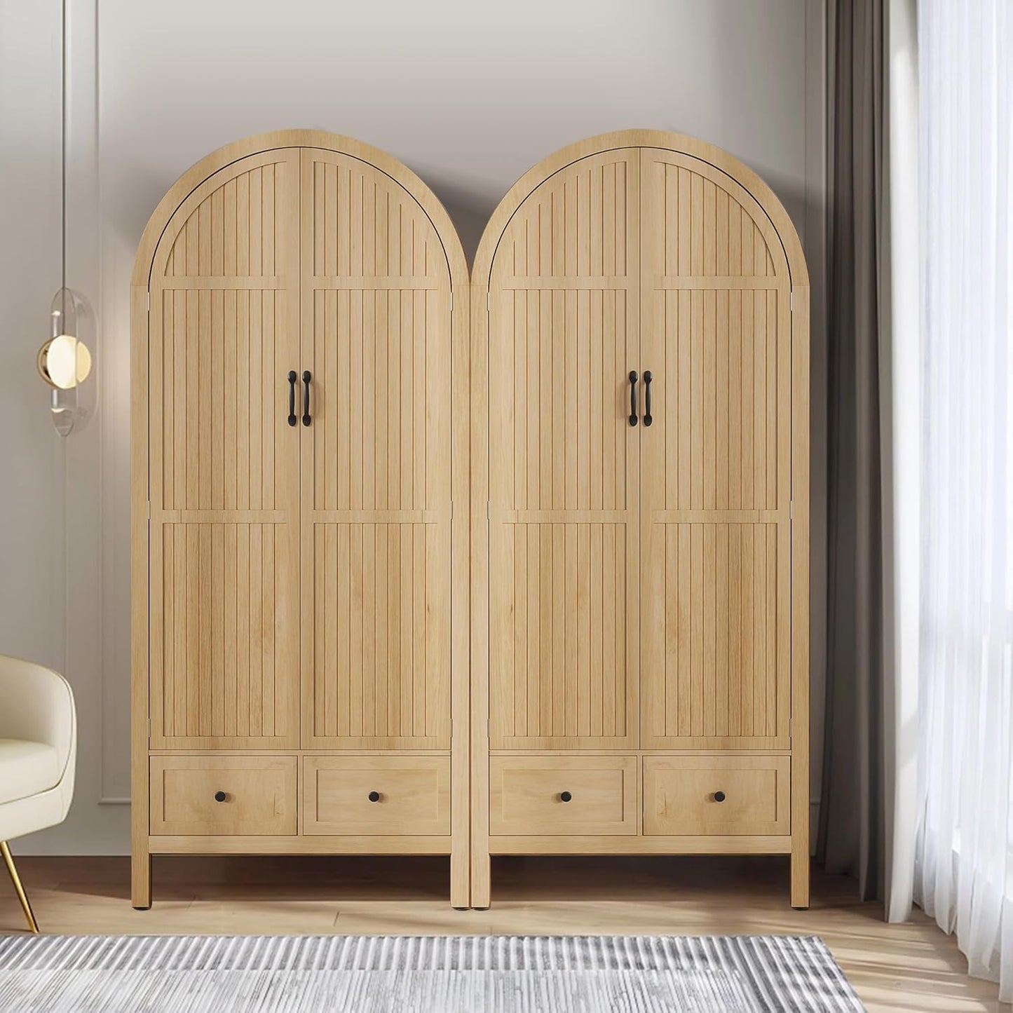 Wardrobe Closet, Modern Armoire Wardrobe Closet with Drawers and 2 Arched Fluted Doors, 70.87‘’ Tall Wooden Bedroom Armoires with Shelves and Hanging Rod (1, Walnut,17.71''D)