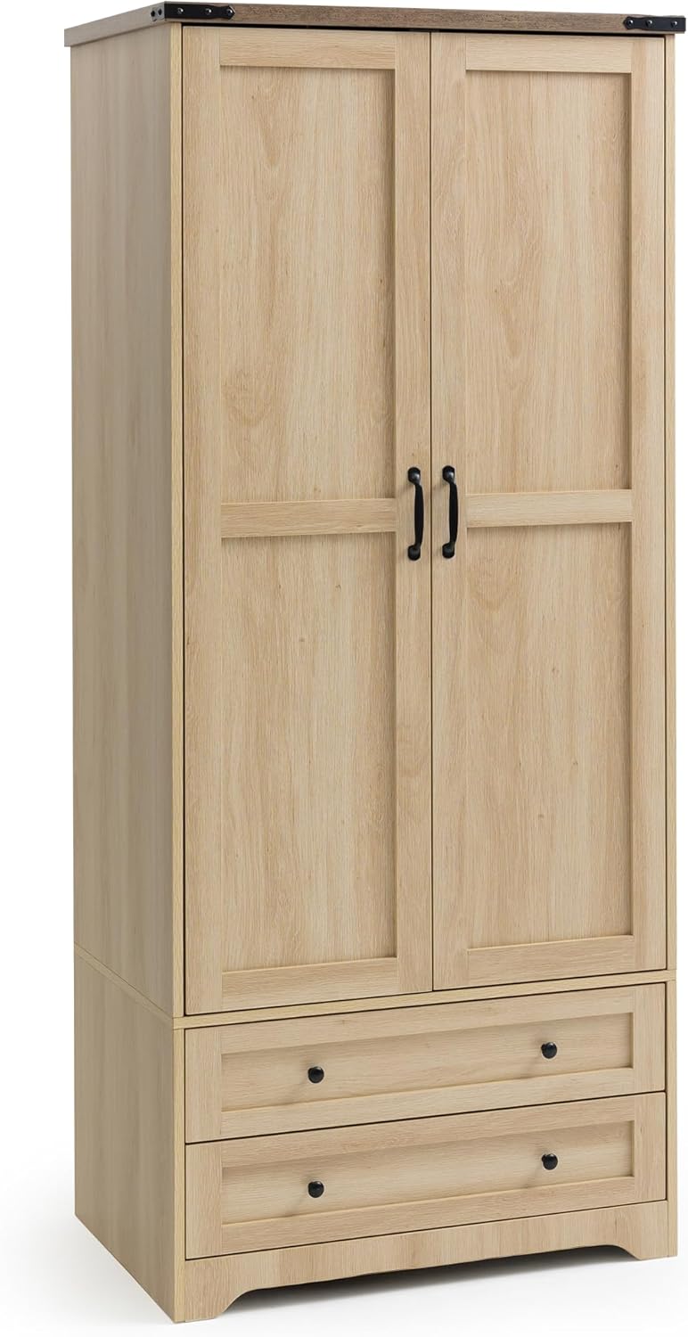 Yechen 71" Wooden Armoire Wardrobe Closet - Modern Functional Clothes Tall Storage Cabinet with Adjustable Shelf and Hanging Rail, Sturdy Freestanding Closet Wardrobe with 2 Wide Drawers (Natural)