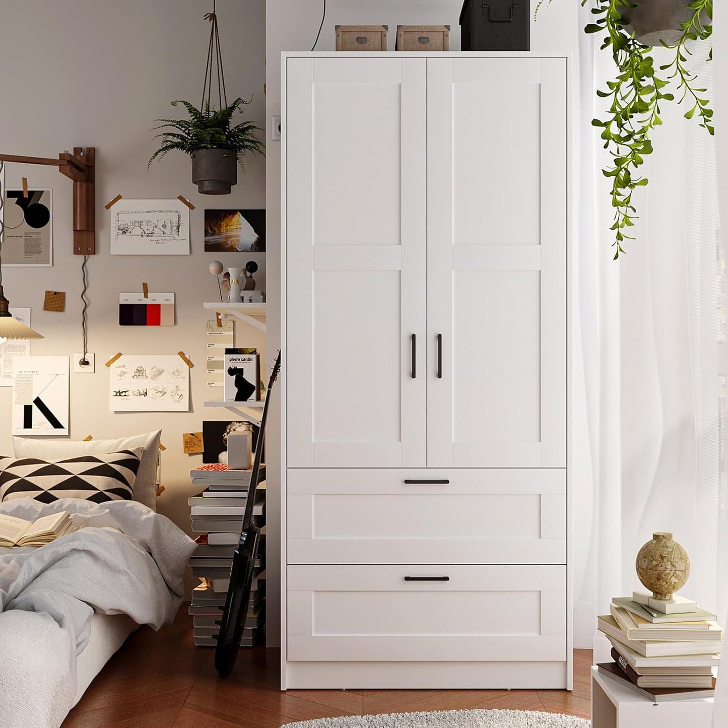 Wood White Wardrobe Closet with 2 Doors and 2 Drawers,Bedroom Freestanding Armoire Storage Cabinet with Shelves,Wooden Wardrobe Combination for Hanging Clothes (White 2 Drawers)