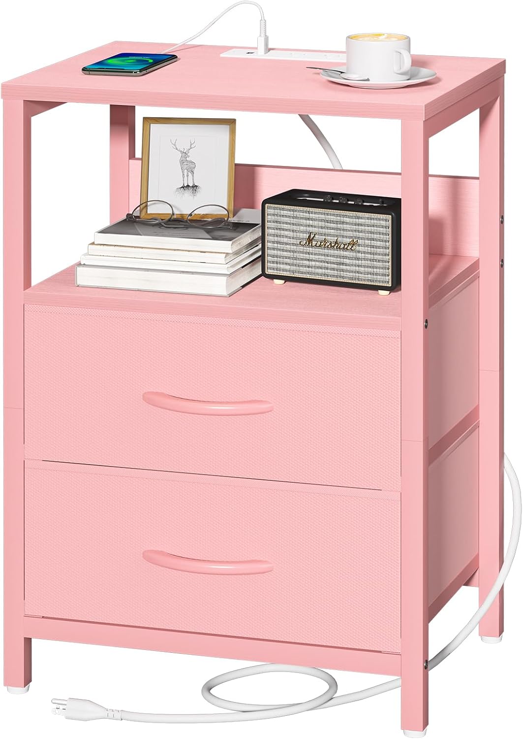 Yoobure Nightstand with Charging Station, Small Night Stand with Fabric Drawers and Storage Shelf for Bedrooms, Small Spaces, Bedside Table with USB Ports & Outlets