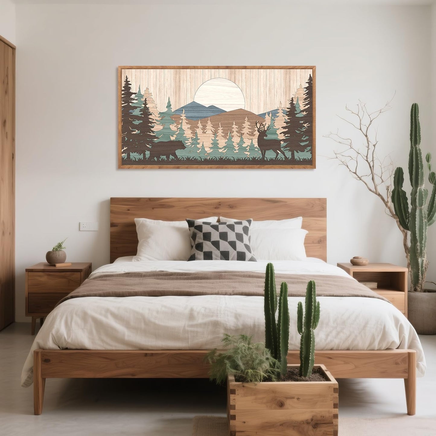 CHDITB Woodland Bear Moose Wild Animals Framed Wall Art(40"x20"), Retro Forest Mountain Sun Wildlife Artwork Painting, Adventure Hunting Themed Nature Landscape Posters Print for Nursery Baby Boy Room Bedroom