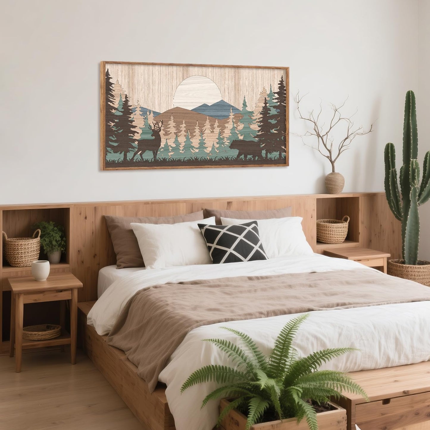 CHDITB Woodland Bear Moose Wild Animals Framed Wall Art(40"x20"), Retro Forest Mountain Sun Wildlife Artwork Painting, Adventure Hunting Themed Nature Landscape Posters Print for Nursery Baby Boy Room Bedroom
