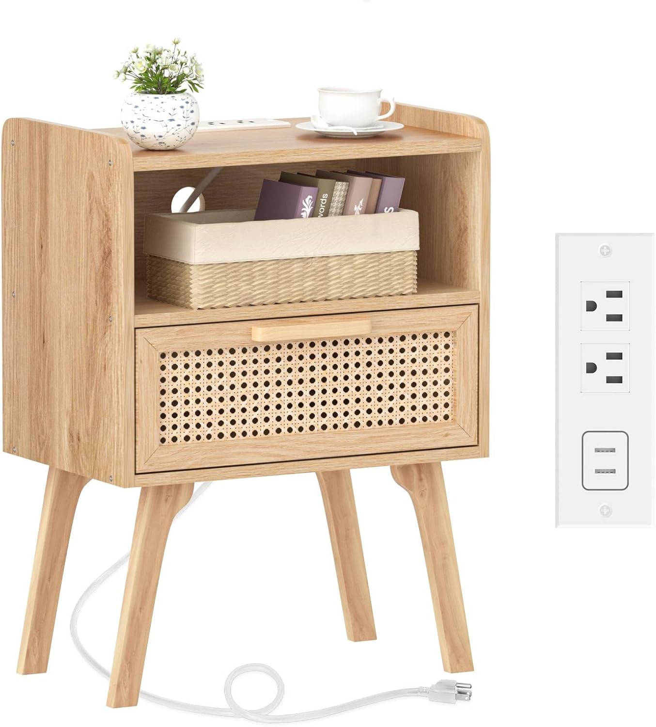 Lerliuo Rattan Nightstand, Boho Side Table with Drawer Open Shelf, Cane Accent Bedside End Table with Solid Wood Legs for Bedroom, Dorm and Small Spaces (Natural)