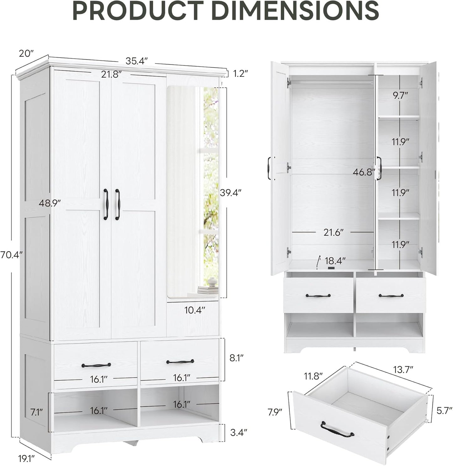 LIKIMIO 3 Doors Armoire Wardrobe Closet with Mirror, 2 Shoe Racks, 70" H Wooden Bedroom Armoires with 2 Drawers and Adjustable Shelves, Freestanding Closet Storage Cabinet with Hanging Rail, White
