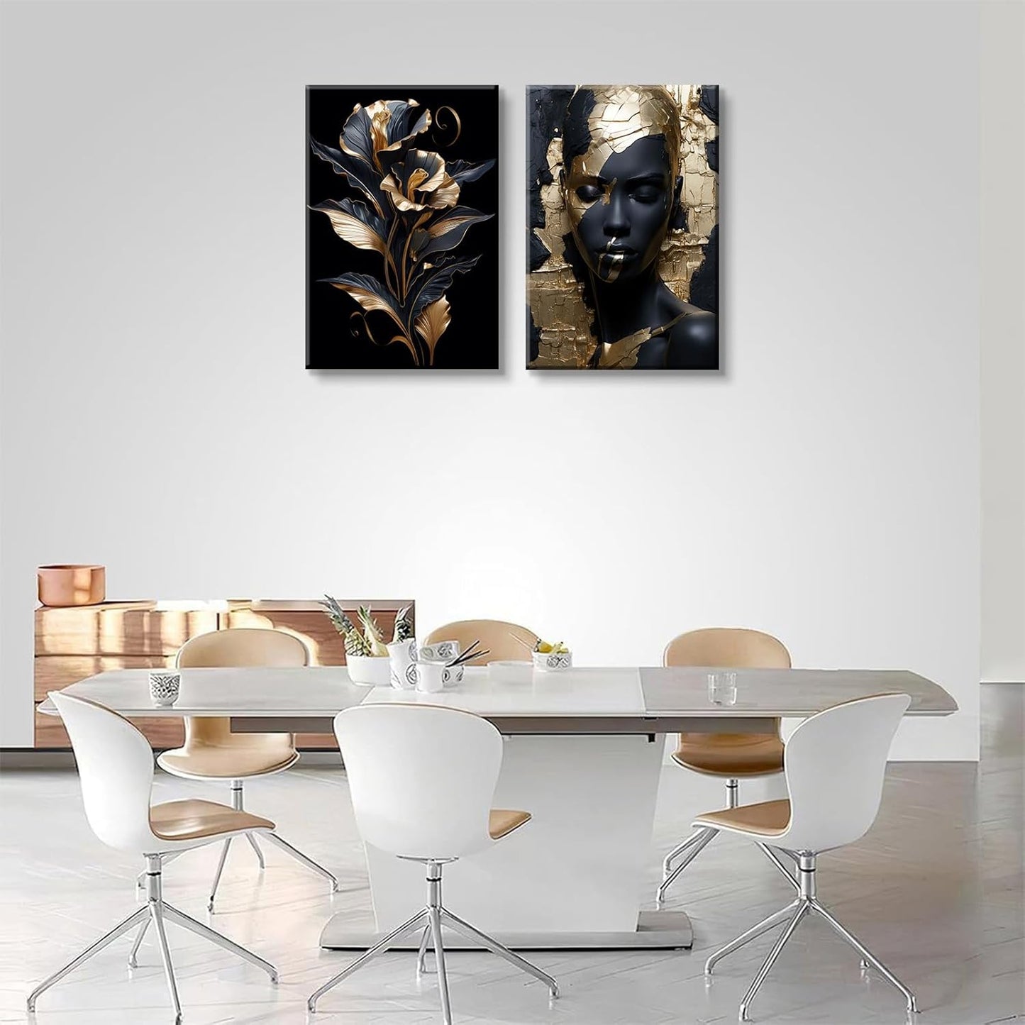 2 Pieces Black Gold African American Women Wall Art African American Wall Decor Gorgeous Woman Portrait Gold Flowers Painting Picture Prints for Bedroom Living Room Hallway Ready to Hang 12x16 Inch