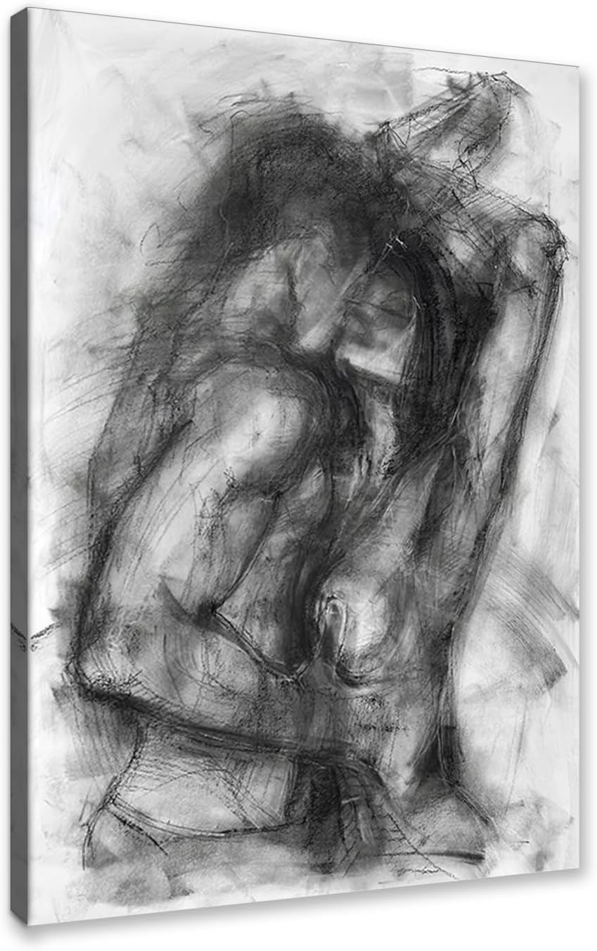 Black and White Sexy Couple Poster Painting Abstract Sexy Couple Canvas Print Nude Woman and Man Portrait Painting for Bedroom Wall Decor 24x36in