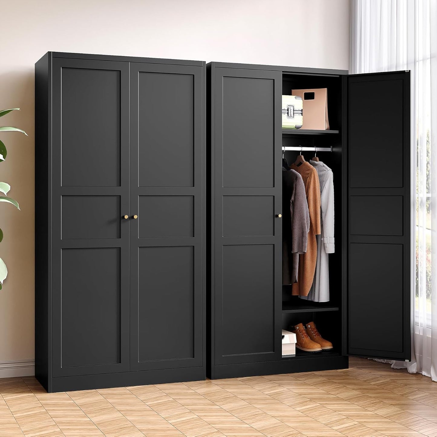 Metal Armoire Wardrobe Closet with 2 Doors 72'' Wardrobe Cabinet with Drawers and Hanging Rail Metal Closet with Adjustable Shelves for Bedroom. (Black, with 1drawer)
