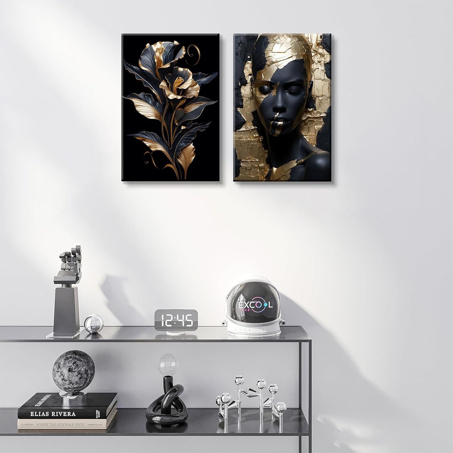 2 Pieces Black Gold African American Women Wall Art African American Wall Decor Gorgeous Woman Portrait Gold Flowers Painting Picture Prints for Bedroom Living Room Hallway Ready to Hang 12x16 Inch