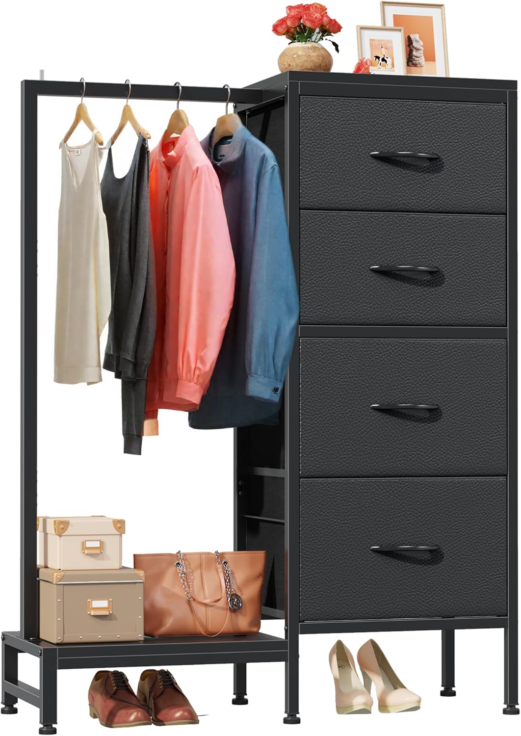 Dresser with Hanging Rack, 4 Drawers Small Closet for Bedroom, Reversible Fabric Kids Chest of Drawers with Clothes Rack, Tall Storage Tower, Sturdy Frame, White, 44''H