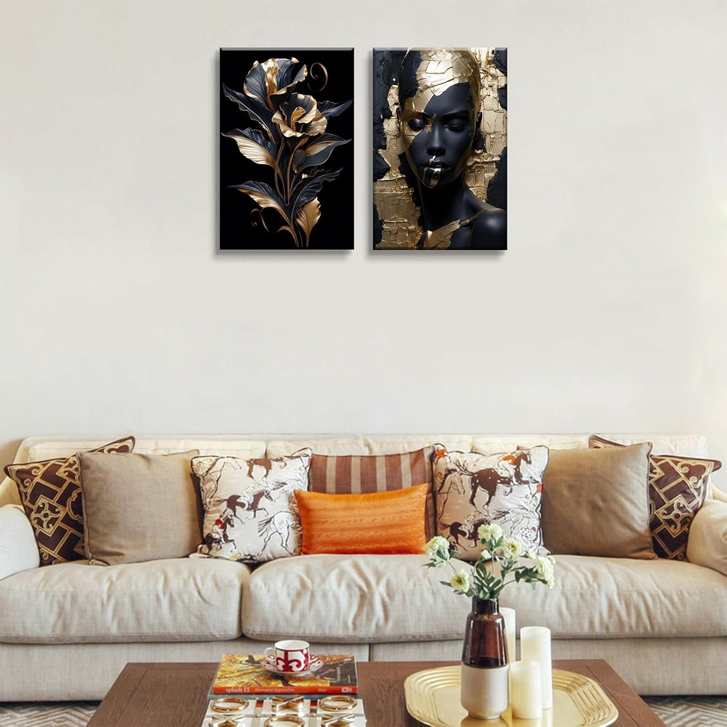 2 Pieces Black Gold African American Women Wall Art African American Wall Decor Gorgeous Woman Portrait Gold Flowers Painting Picture Prints for Bedroom Living Room Hallway Ready to Hang 12x16 Inch