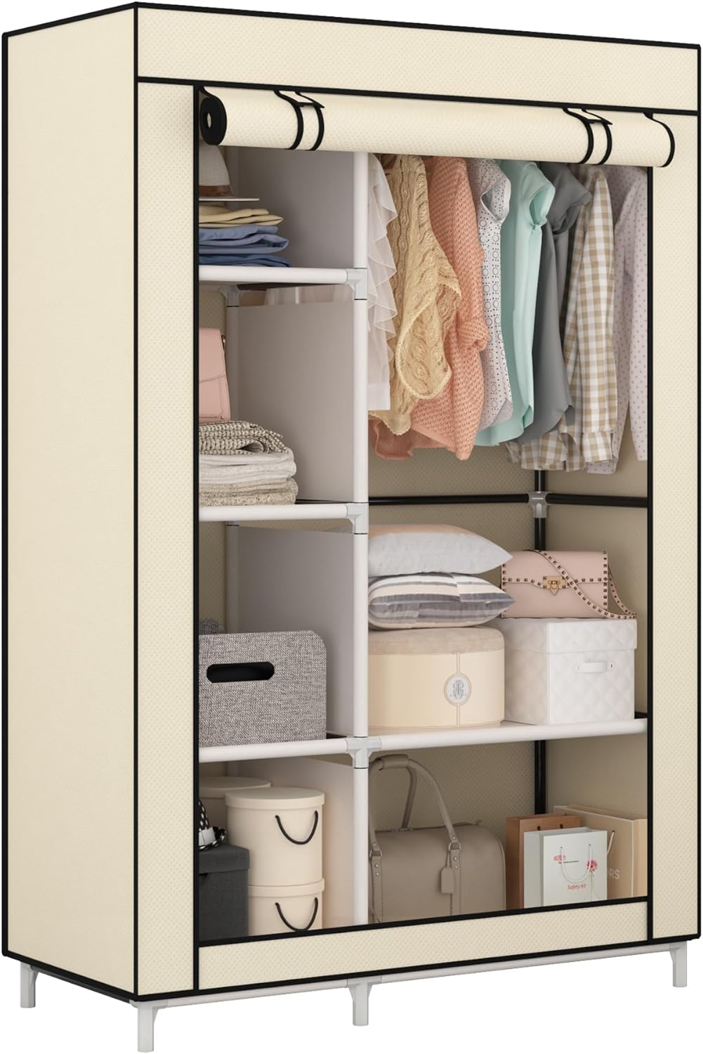 Calmootey Portable Closet Organizers, Clothing Storage, Wardrobe with 6 Shelves and Hanging Rod, Non-Woven Fabric Cover with 4 Side Pockets, Black