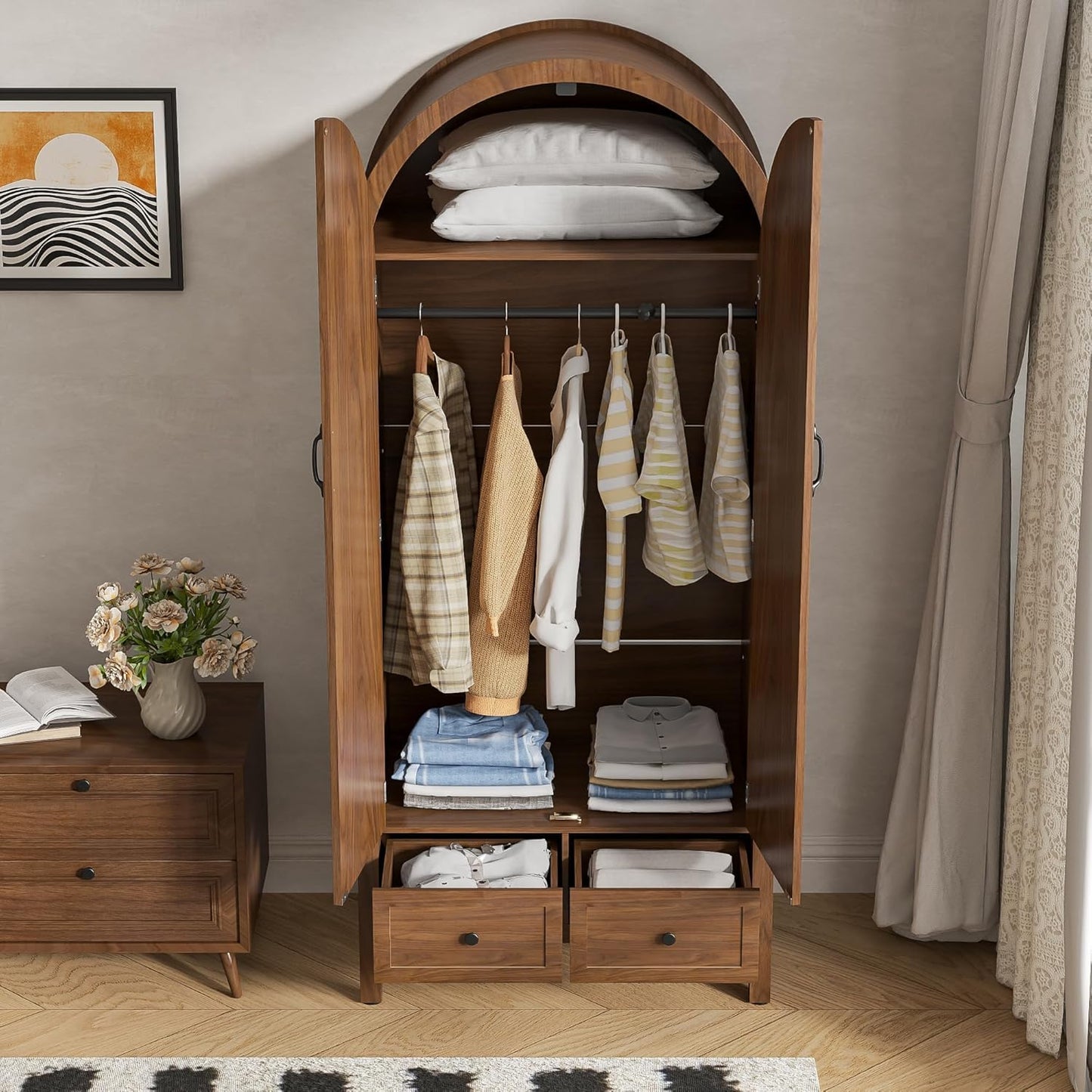 Wardrobe Closet, Modern Armoire Wardrobe Closet with Drawers and 2 Arched Fluted Doors, 70.87‘’ Tall Wooden Bedroom Armoires with Shelves and Hanging Rod (1, Walnut,17.71''D)