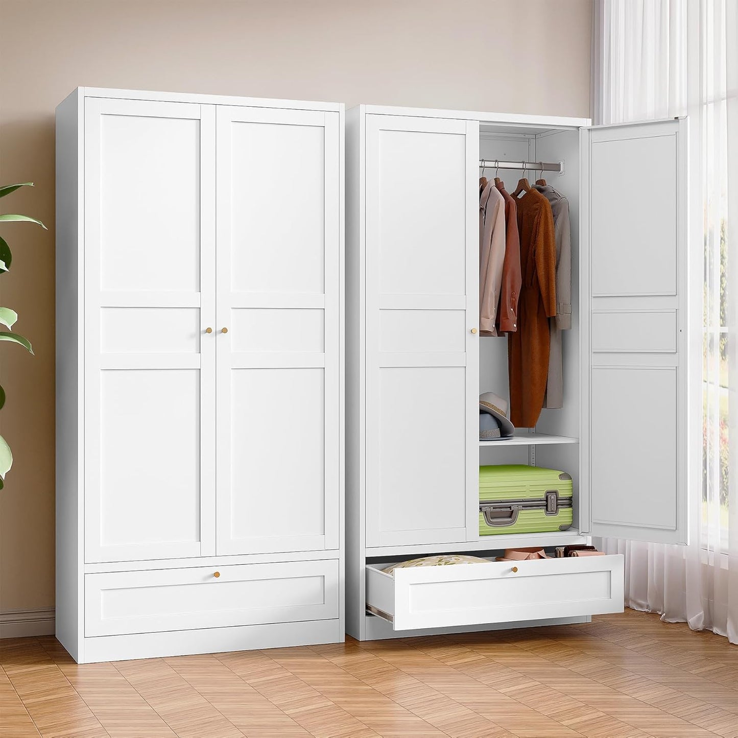 Metal Armoire Wardrobe Closet with 2 Doors 72'' Wardrobe Cabinet with Drawers and Hanging Rail Metal Closet with Adjustable Shelves for Bedroom. (Black, with 1drawer)