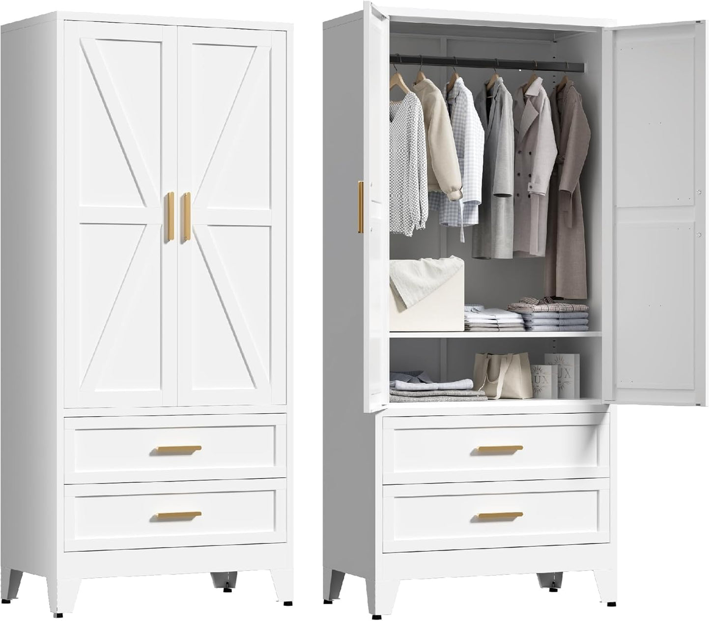 71'' Farmhouse Metal Wardrobe Cabinet with Hanging Rod, 2 Barn Door Wardrobe Closet with Adjustable Shelves,2 Drawer,for Dining Room,Bedroom,Living Room, Cloak Room,Office (Black)