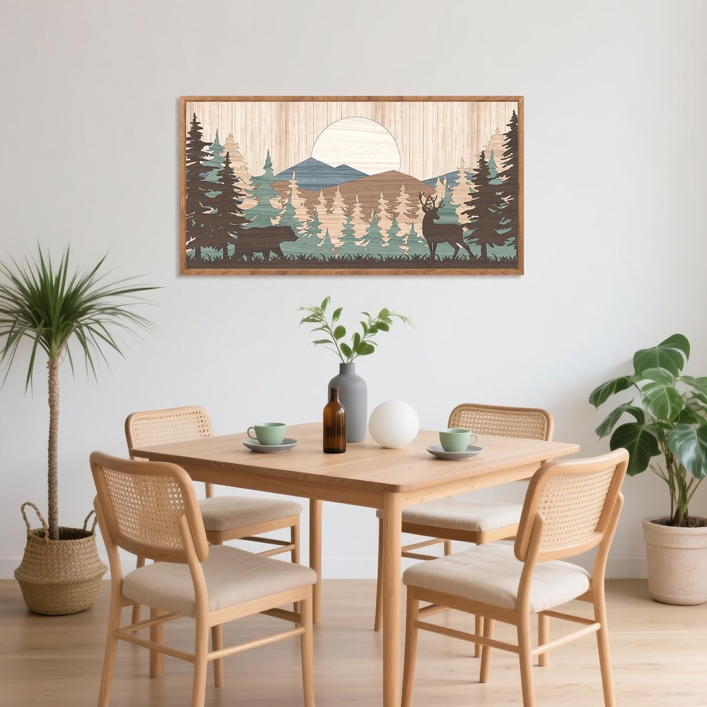 CHDITB Woodland Bear Moose Wild Animals Framed Wall Art(40"x20"), Retro Forest Mountain Sun Wildlife Artwork Painting, Adventure Hunting Themed Nature Landscape Posters Print for Nursery Baby Boy Room Bedroom