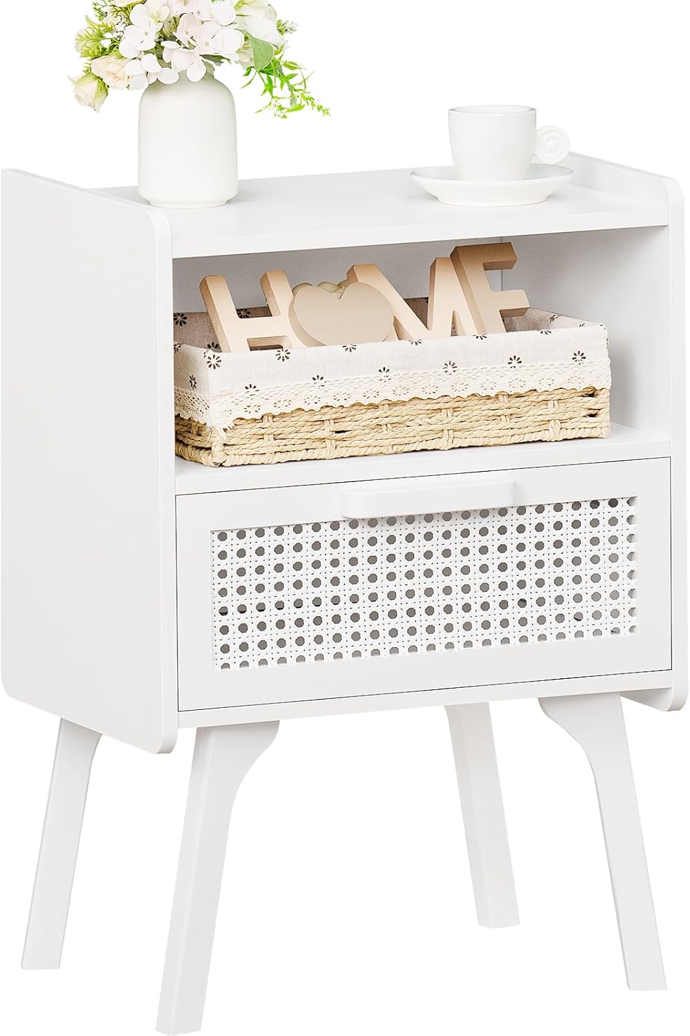 Lerliuo Rattan Nightstand, Boho Side Table with Drawer Open Shelf, Cane Accent Bedside End Table with Solid Wood Legs for Bedroom, Dorm and Small Spaces (Natural)