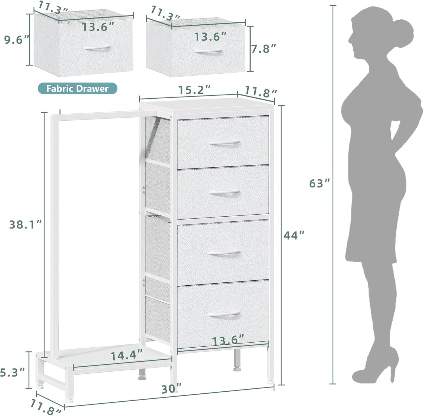 Dresser with Hanging Rack, 4 Drawers Small Closet for Bedroom, Reversible Fabric Kids Chest of Drawers with Clothes Rack, Tall Storage Tower, Sturdy Frame, White, 44''H