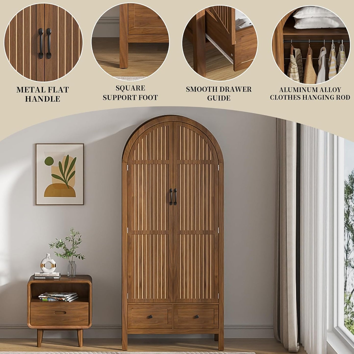 Wardrobe Closet, Modern Armoire Wardrobe Closet with Drawers and 2 Arched Fluted Doors, 70.87‘’ Tall Wooden Bedroom Armoires with Shelves and Hanging Rod (1, Walnut,17.71''D)