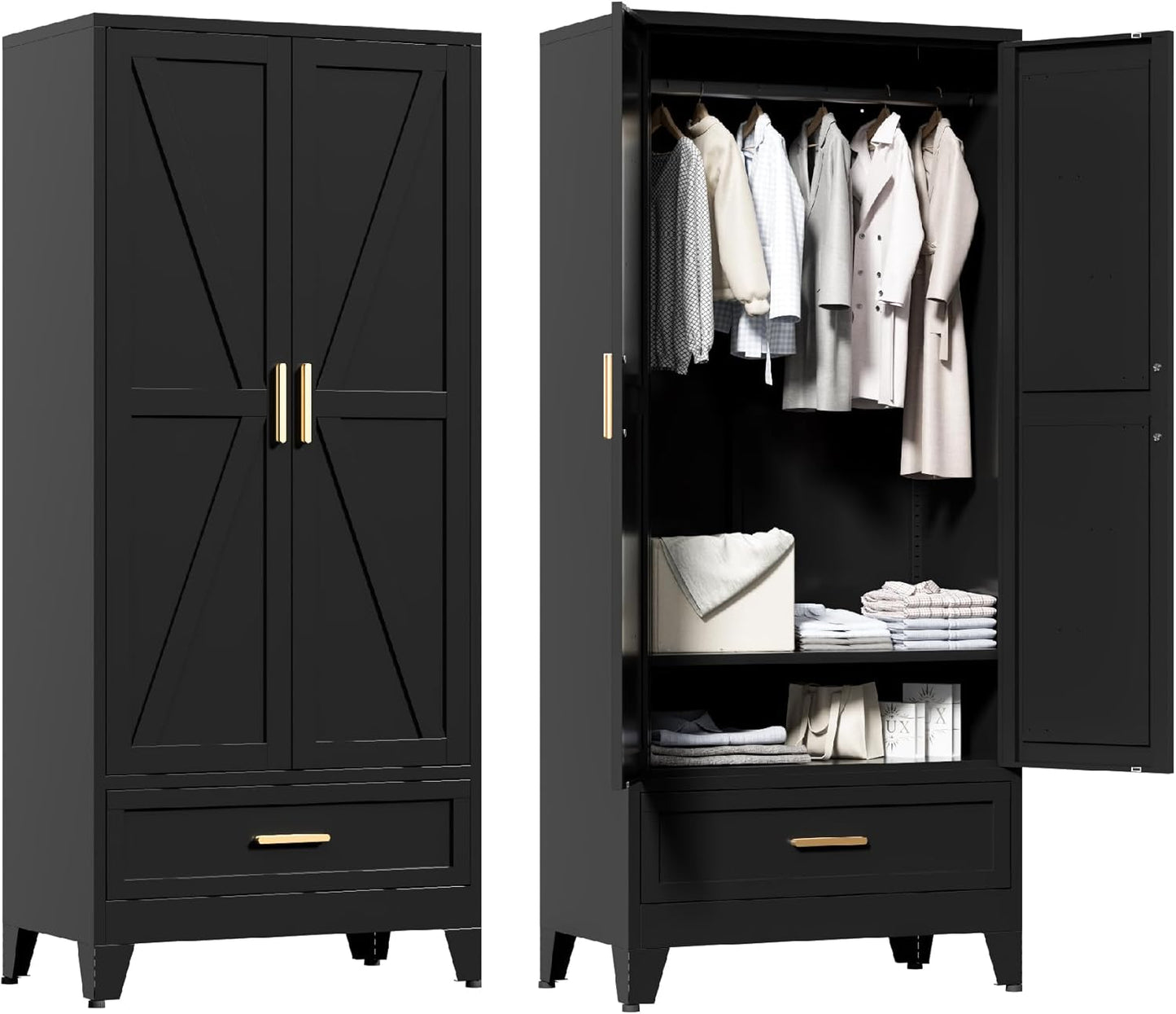 71'' Farmhouse Metal Wardrobe Cabinet with Hanging Rod, 2 Barn Door Wardrobe Closet with Adjustable Shelves,2 Drawer,for Dining Room,Bedroom,Living Room, Cloak Room,Office (Black)